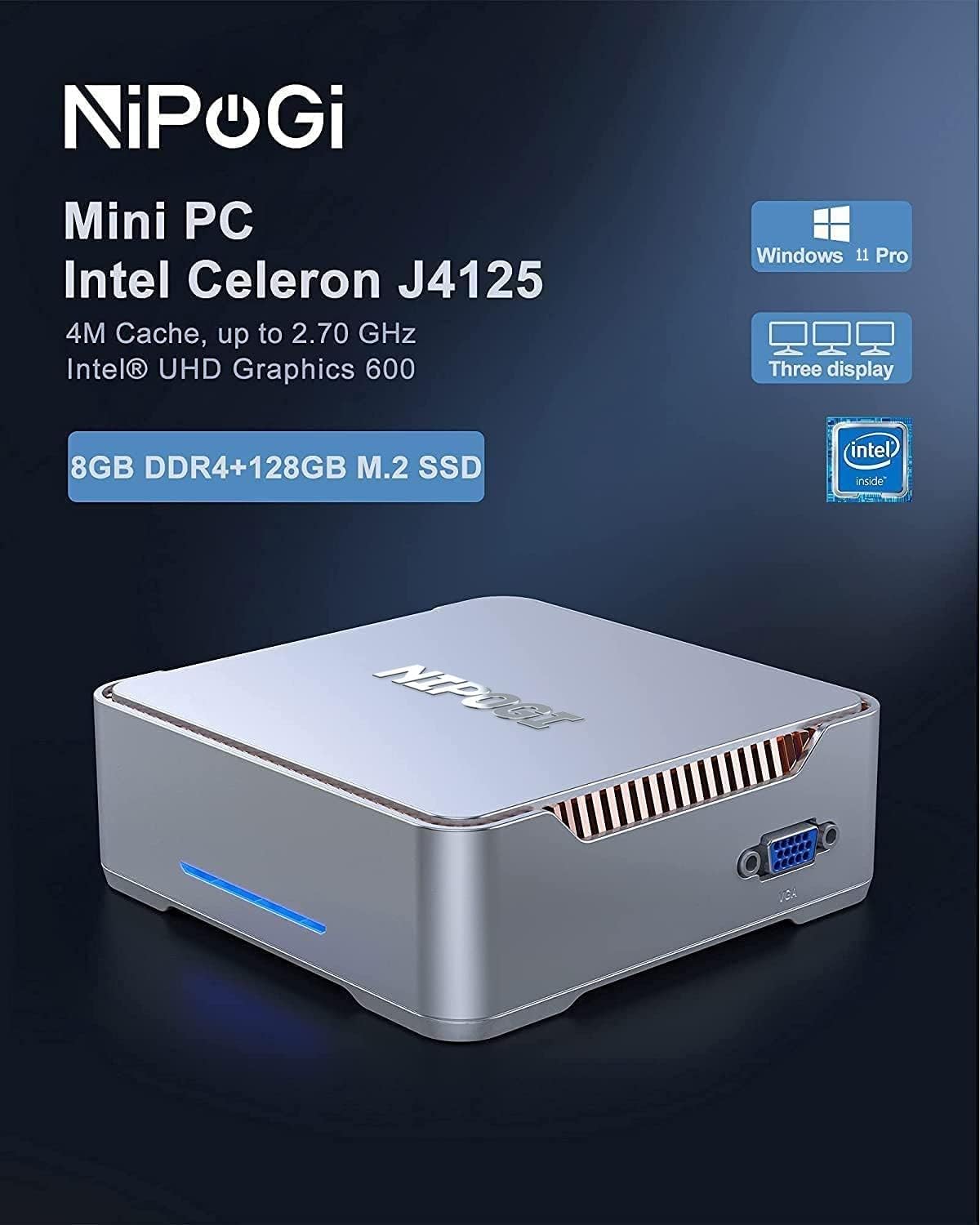 NiPoGi Mini PC Windows 11 Pro, 8GB DDR4/128GB M.2 SATA SSD, Ιntel