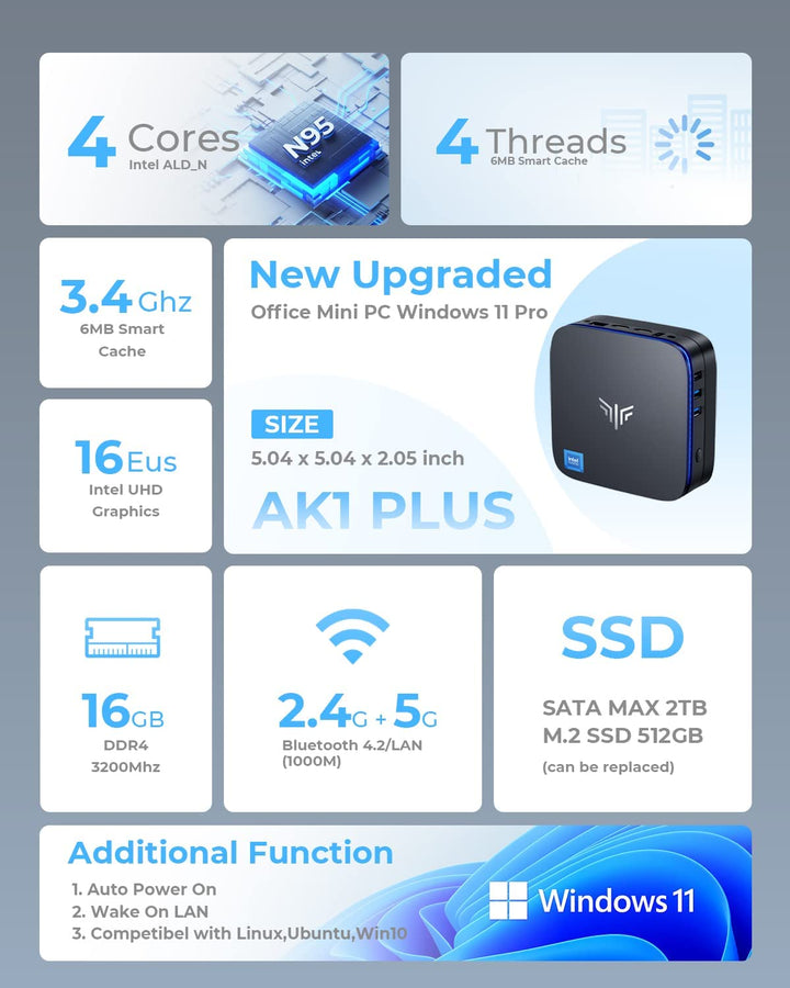 KAMRUI AK1PLUS Mini PC,12th Intel Alder Lake- N95 up to 3.4 GHz,16GB  RAM+512GB M.2 SSD,Mini Computer Support 2.5 SSD (up to 2TB),WiFi  2.4G/5G,BT